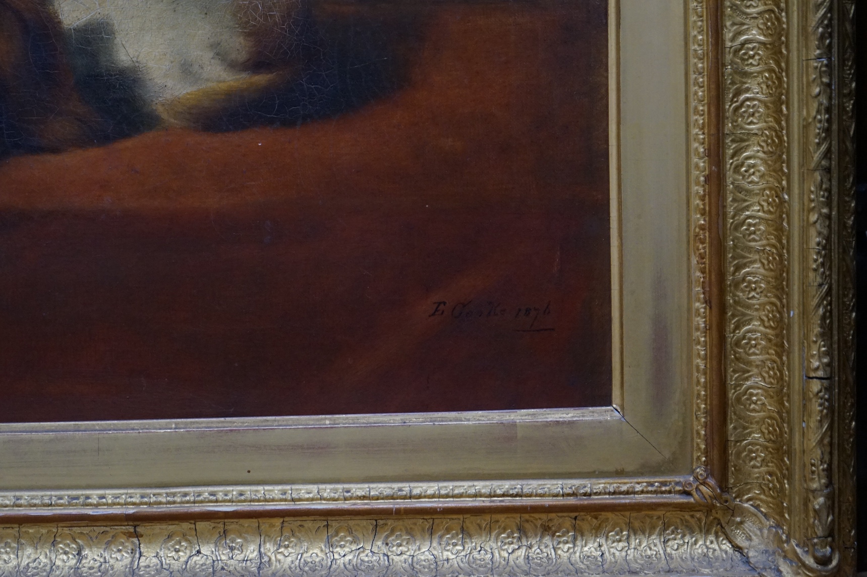 E. Cooke (19th. C), oil on canvas, Study of two Cavalier King Charles Spaniels, signed and dated 1876, 52 x 79cm, ornate gilt framed. Condition - good, however small hole to lower centre of canvas